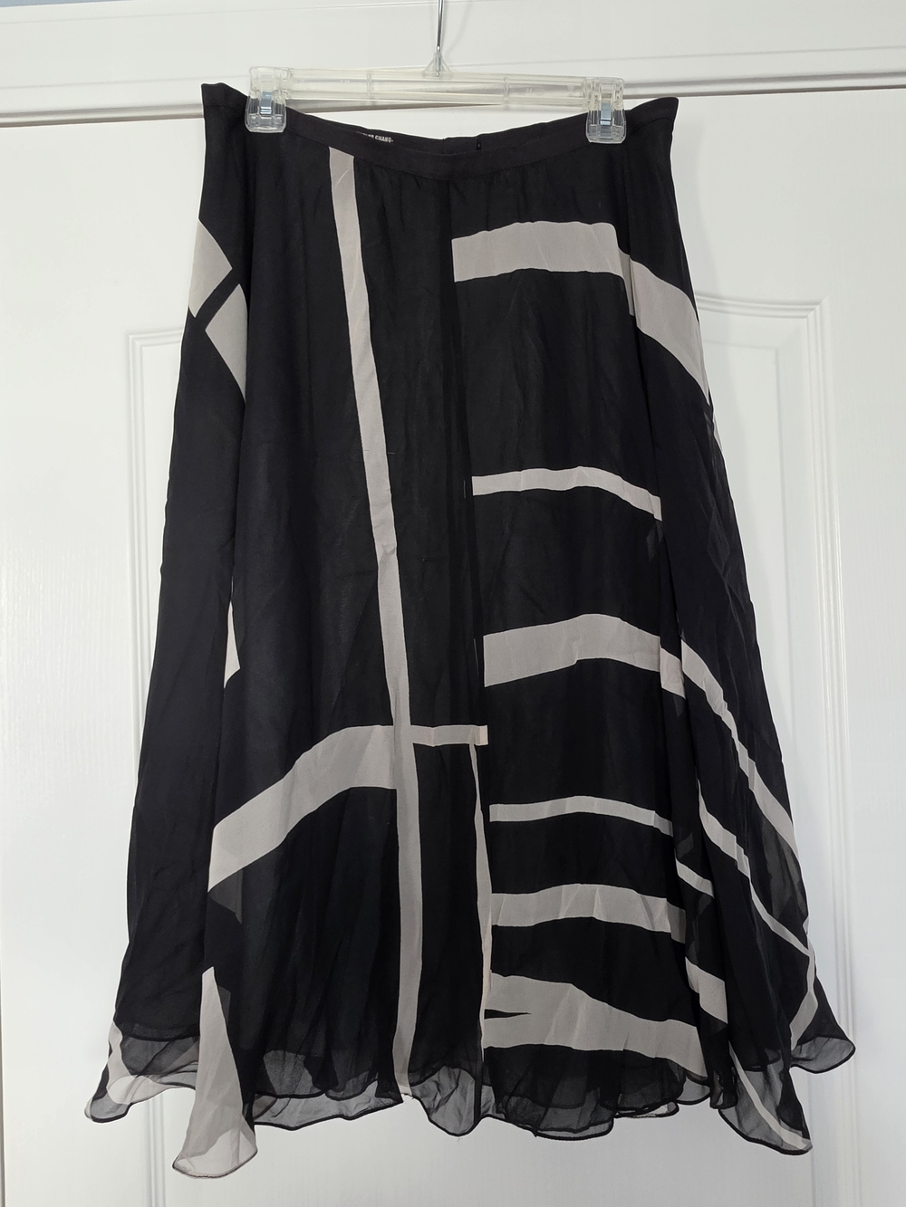 Charles Chang Black A-Line Silk Midi Skirt with Cream Graphic Stripes